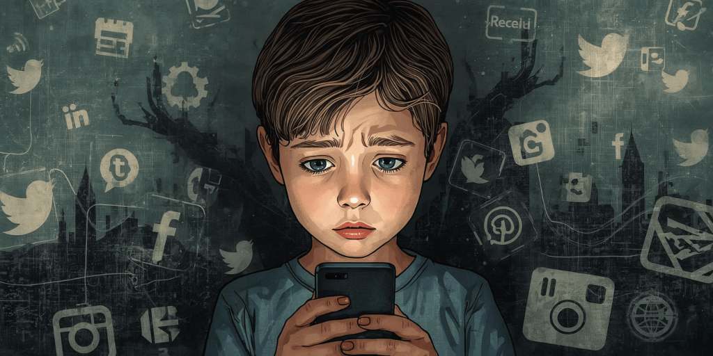 a concerned child looking at a smartphone, surrounded by symbols of social media platforms (like logos), with a shadowy and ambiguous digital landscape in the background, suggesting the complexities of navigating online spaces.